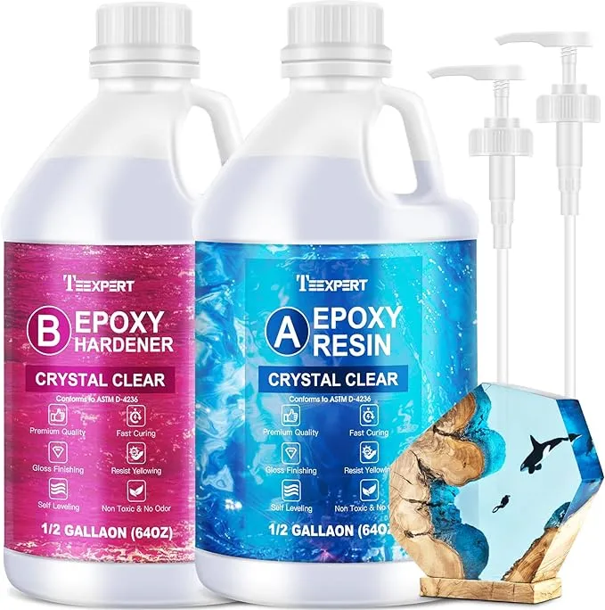 Teexpert Crystal Clear Epoxy Resin Kit 1 Gallon Self-Leveling Coating and Casting Resin, High-Gloss & Bubbles Free Resin and Hardener Kit for DIY