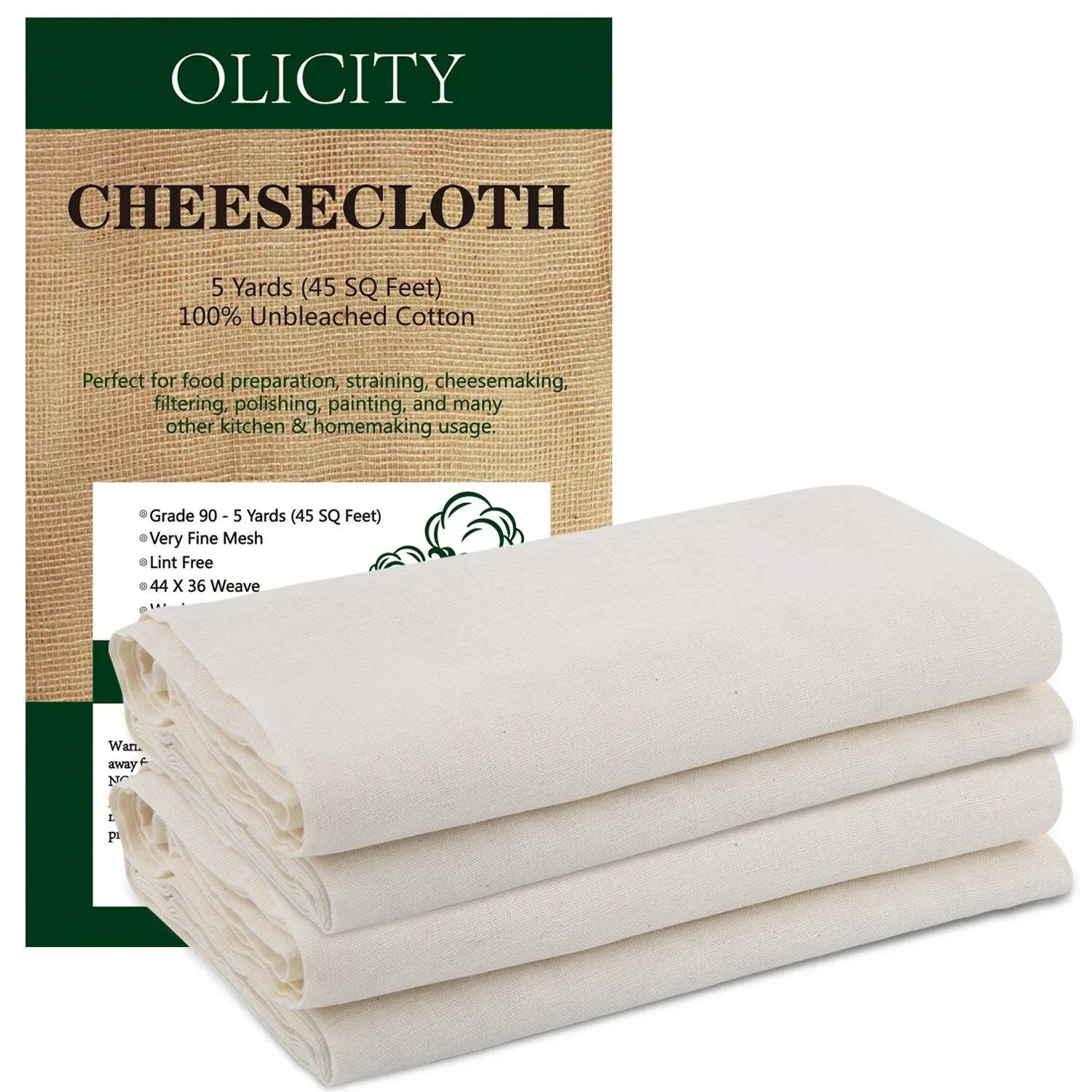 Olicity Cheesecloth, Grade 90, 45 Square Feet, 100% Unbleached Cheese Cloth 