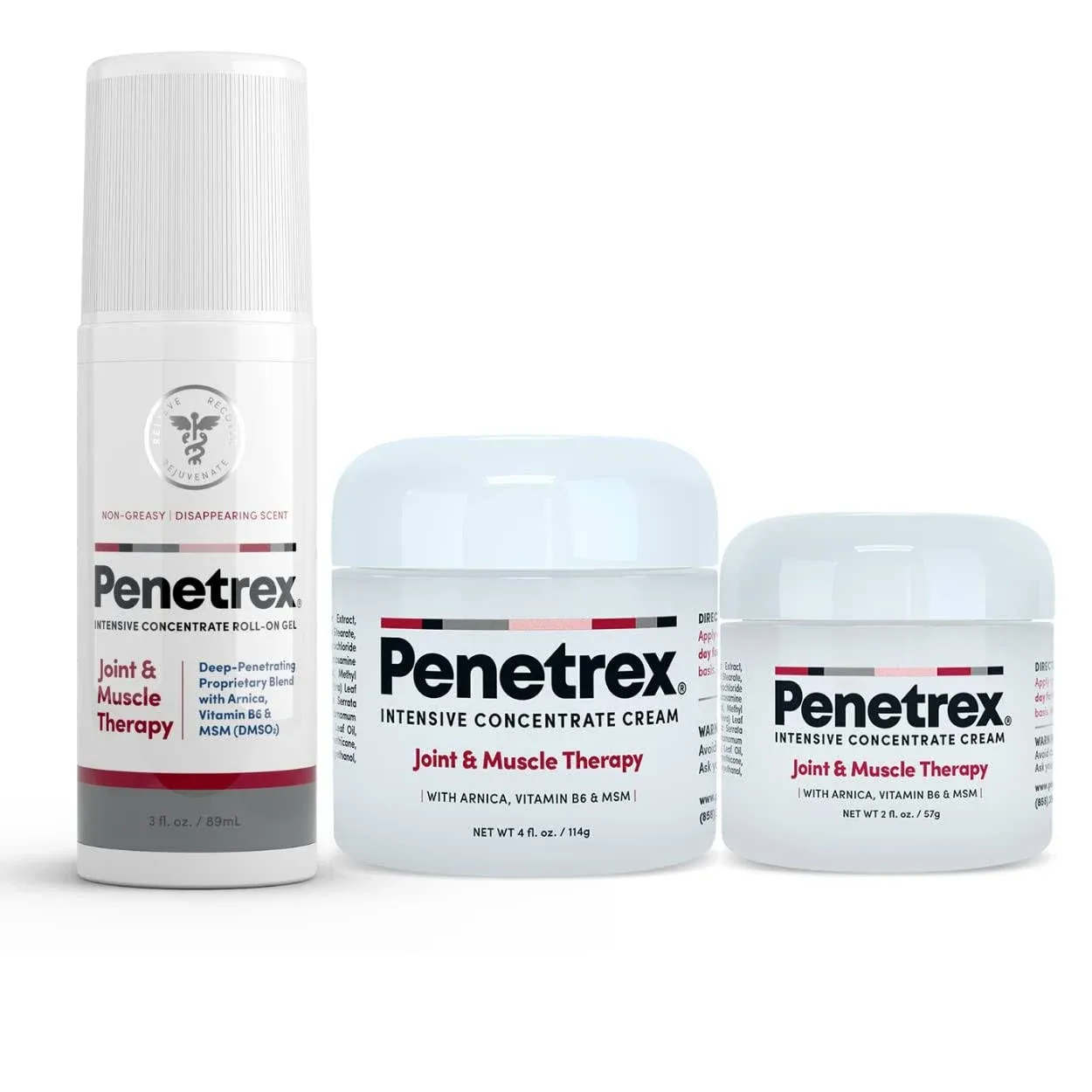 Penetrex Joint & Muscle Therapy Trio – Soothing Comfort for Back, Neck, Hands, Feet - Premium Whole Body, Rub with Arnica, Vitamin B6 MSM & Boswellia - 2oz, 3oz, 4oz Go