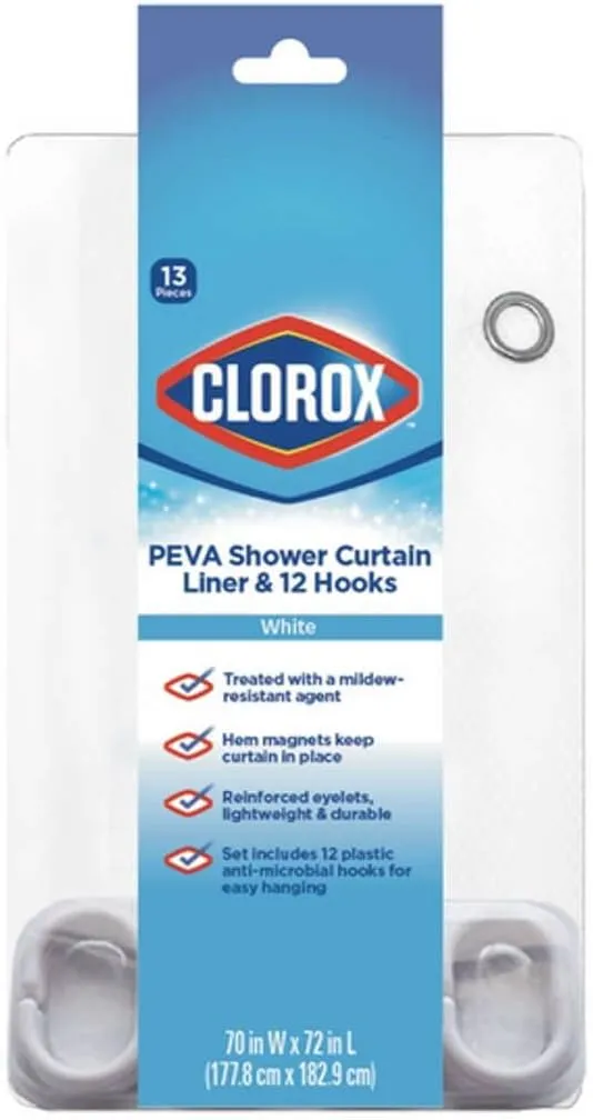 Clorox Treated Premium White Shower Curtain Liner 70"x72" with Weighted Magnetic Hem and 12 Hooks, Lightweight Waterproof PEVA for Bathroom Tubs and Stalls, Machine Washable