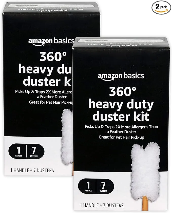Amazon Basics 360 Heavy Duty Duster Kit, 7 Dusters and 1 Handle, Pack of 2, White