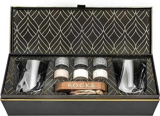 Whiskey Chilling Stones Gift Set - 6 Handcrafted Premium Granite Round Sipping Rocks - 2 Crystal Superior Glasses - Hardwood Presentation & Storage Tray - Elegant Gold Foil Gift Box by R.O.C.K.S.