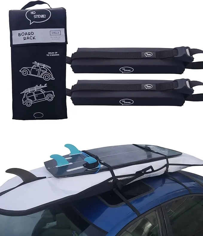 Ho Stevie! Surfboard Car Roof Rack Padded System (Holds Up to 3 Boards) Fits Any Car, Silicone Buckle Covers Prevent Damage