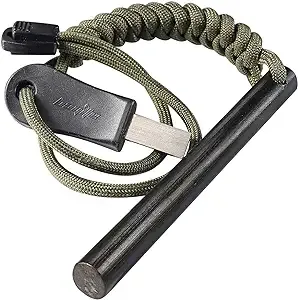 bayite 4 inch Survival Ferrocerium Drilled Flint Fire Starter Ferro Rod Kit with Paracord Landyard and Striker