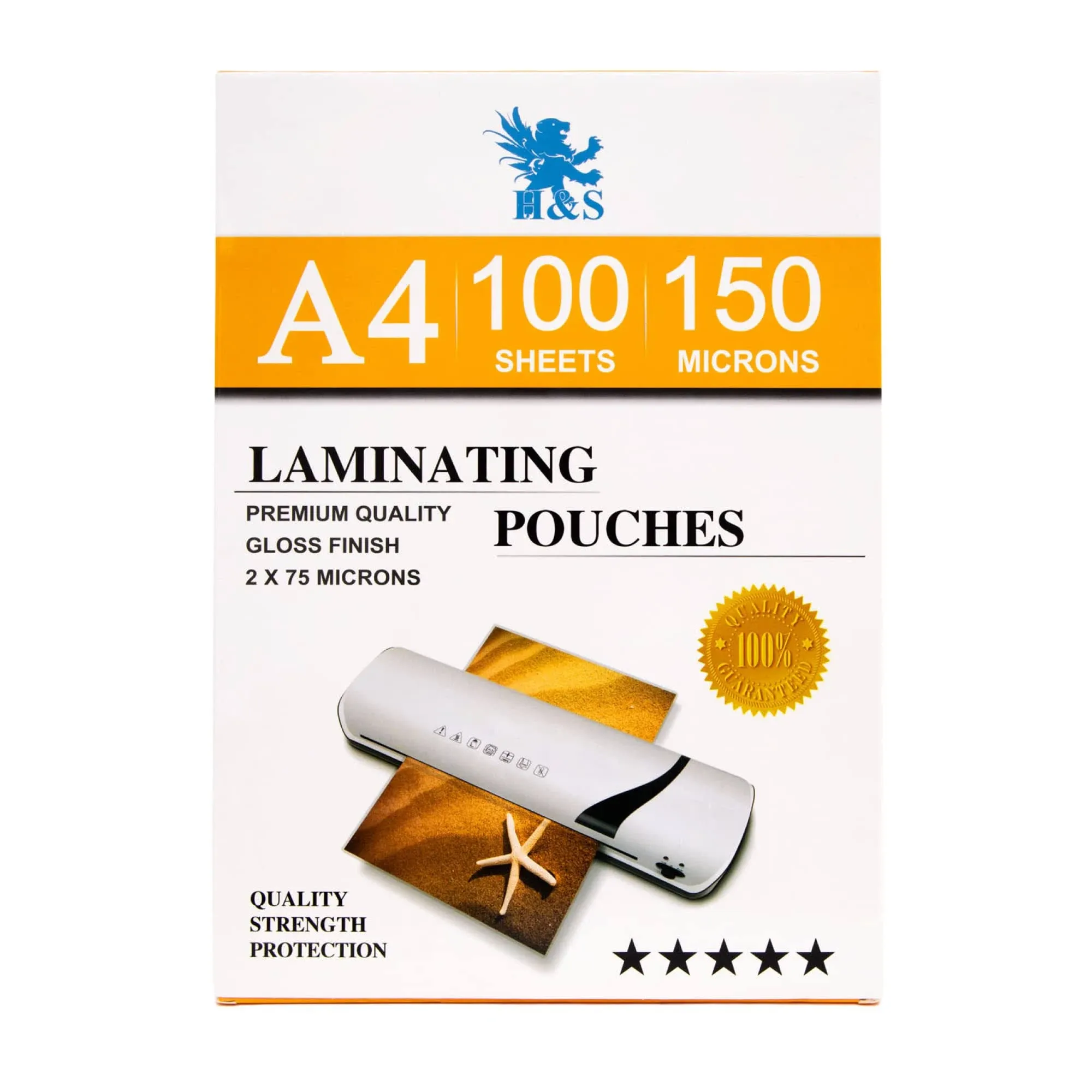 H&S Hojas de laminación - 100 piezas x A4 - Bolsas laminadas transparentes - Calidad artística 150 micrones (2 x 75 micrones) Laminador brillante