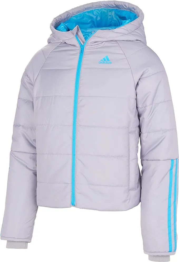 Adidas Girls Youth Toddler Quilted Puffer Hooded Jacket Grey XXS 4/5 Full Zip