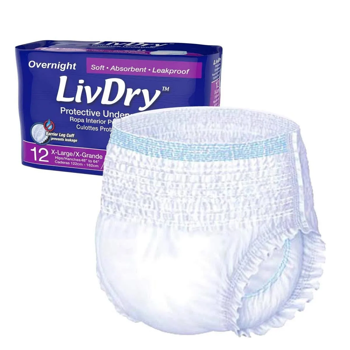 LivDry Adult M Incontinence Underwear, Overnight Comfort Absorbency, Leak Protection, Medium, 17-Pack