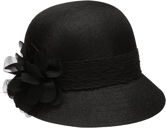 Women's Gatsby Linen Cloche Hat with Lace Band and Flower