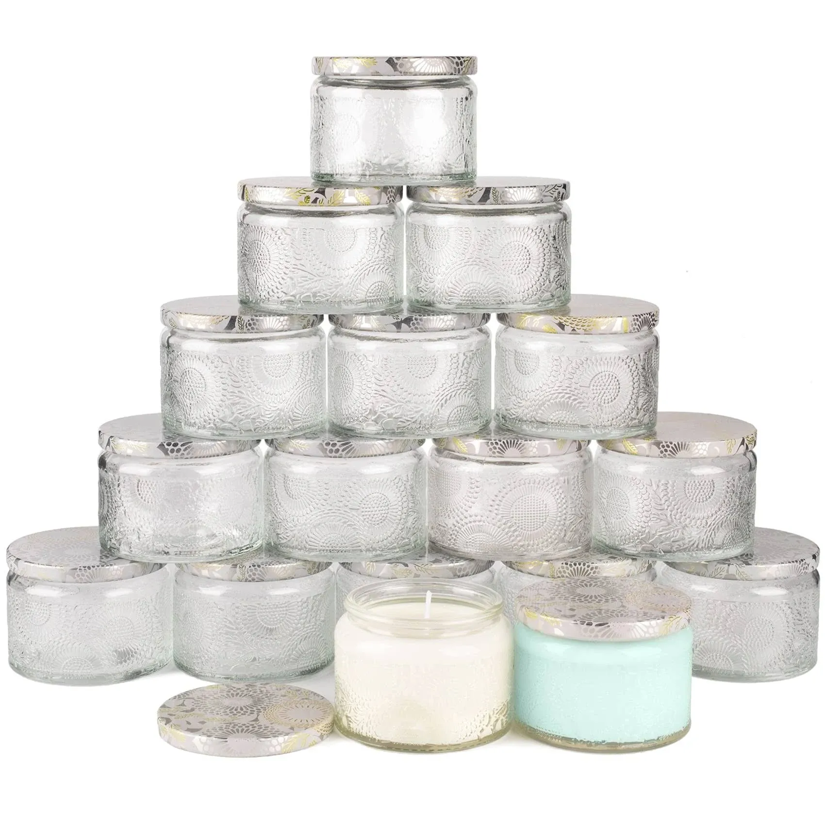 Art Secret 4oz Embossed Glass Candle Container with Tin Lid and Labels (Pack of ...