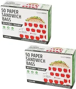 Lunchskins Recyclable + Sealable Paper Sandwich Bags, w/Closure Strip, 100-Count, Apple, 2-Pack