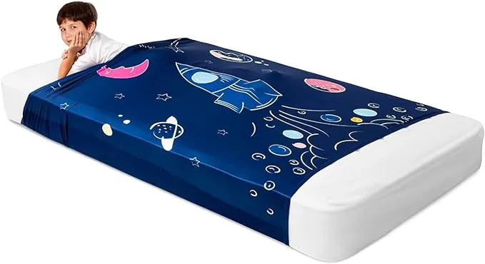 FRIENDLY CUDDLE Sensory Compression Sheet for Kids, Twin Size Stretchy Bed Sheet with Breathable Fabric, A Smart Weighted Blanket Alternative, Mattress Fitted Bedding, Dream Rocket Ship Design