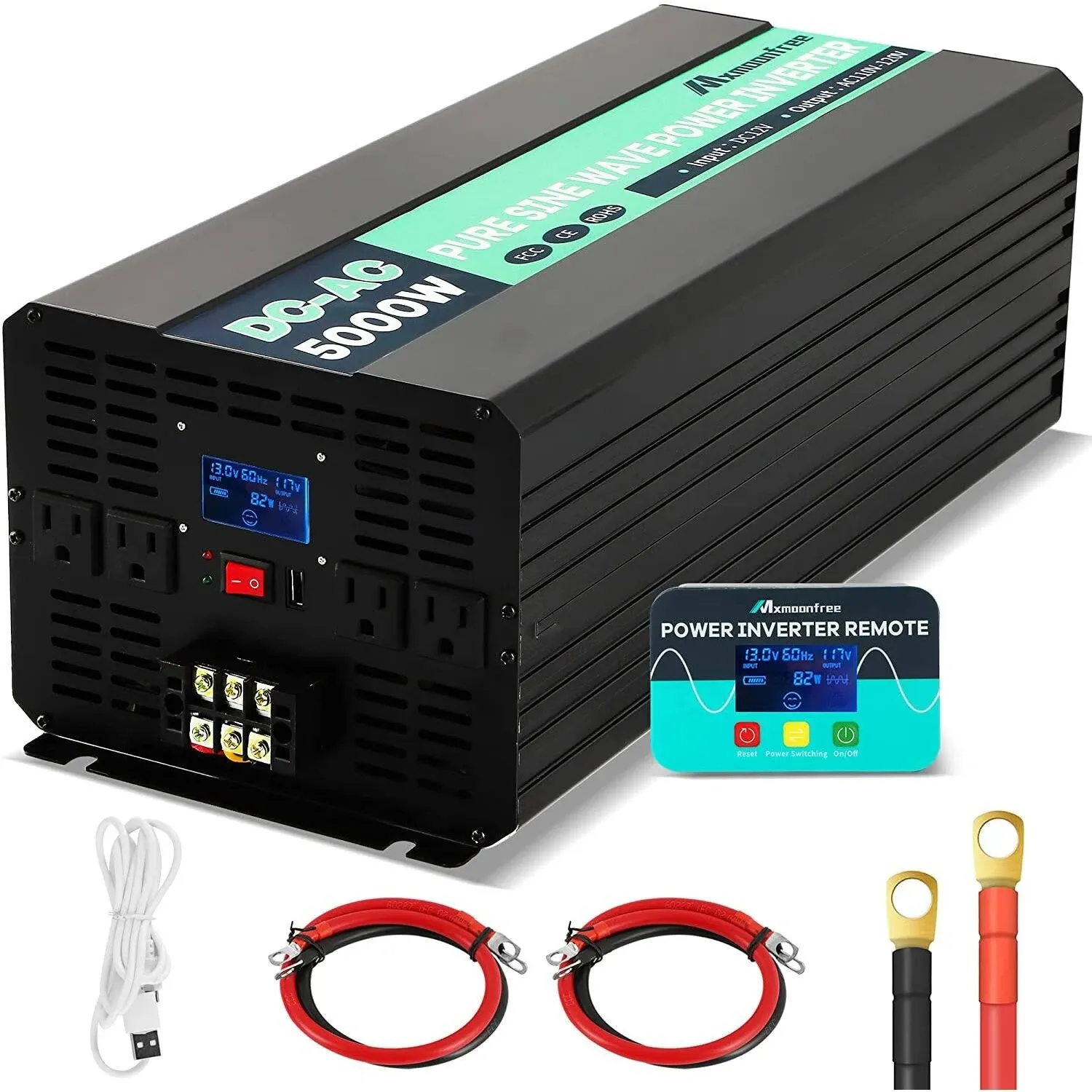 Mxmoonfree 5000W Pure Sine Wave Power Inverter 12V DC to 110V AC with Wireless Remote Control LCD Display 1 USB Port, 4 AC Outlets, 1 Terminal