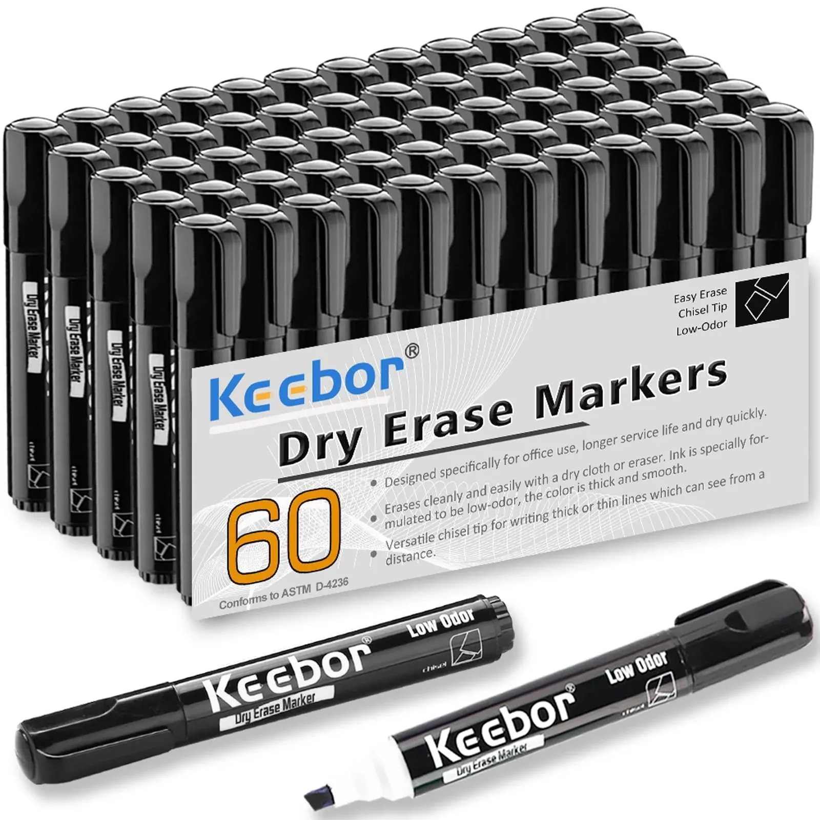 Dry Erase Markers Chisel Tip, Black | Low-Odor | Non-Toxic, 60 Pack Jumbo Whiteboard Markers Bulk, Office Series