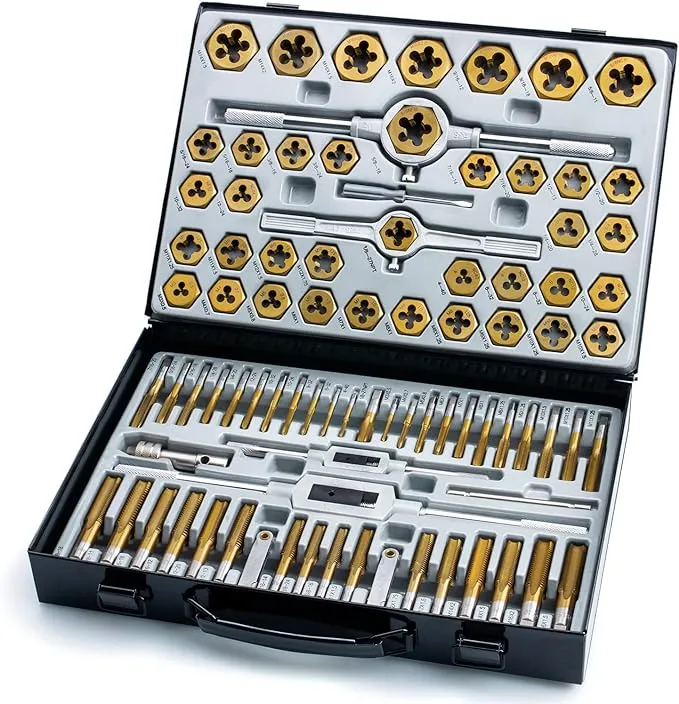 86-Piece Master Tap and Hex Die Set, Premium Titanium Coating | SAE Size #4 to 5/8”, Metric Size M3 to M16 | For All Coarse, Fine, Pipe Threads | Complete with Holders, Stocks, Gauges and Metal Case