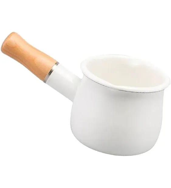 FARCADY 0.6qt Mini Enamel Milk Pot Insulated Wooden Handle 2 Pour Spouts Small Food Warmer Cute Saucepan(D015,White) …