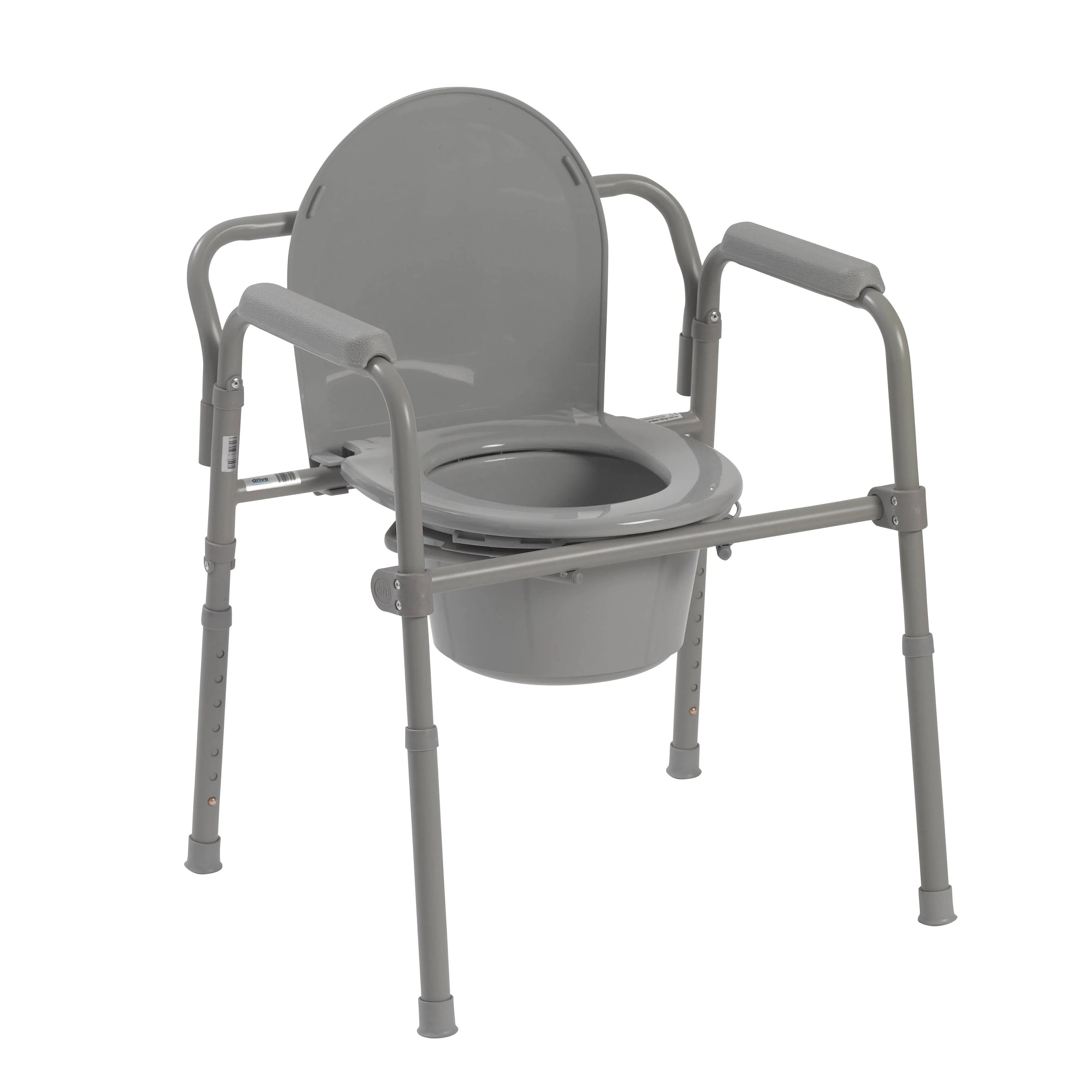 Drive Medical RTL11158KDR Folding Steel Bedside Commode Chair, Portable Toilet, 350 Pound Weight Capacity with 7.5 Qt. Bucket, Grey