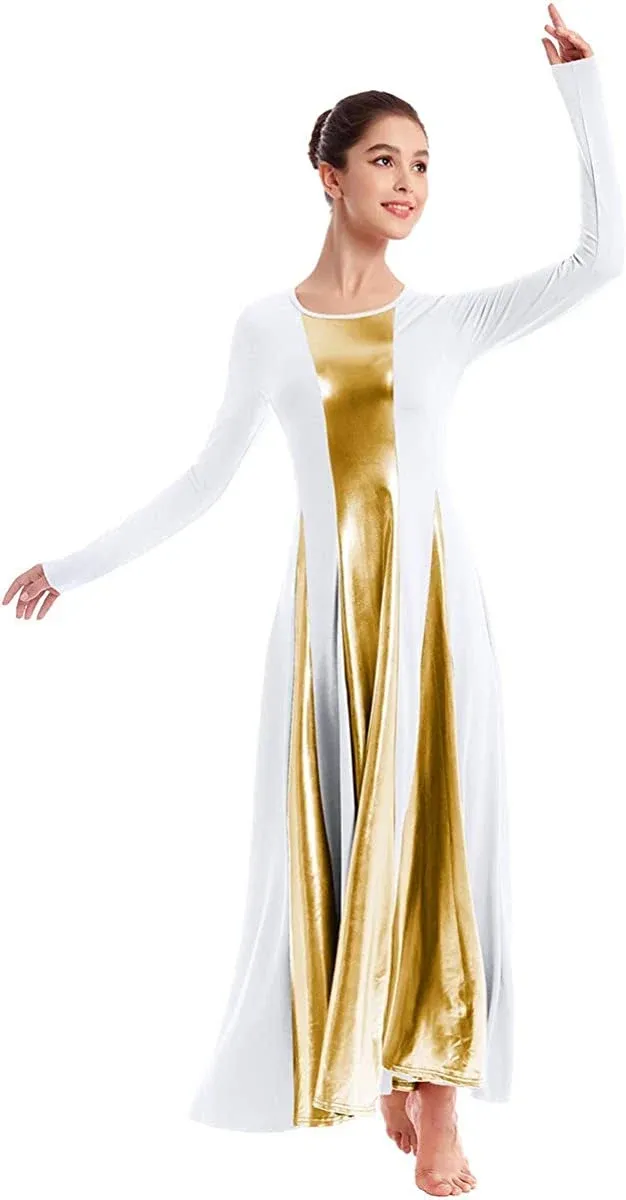 IBAKOM Womens Liturgical Praise Lyrical Dance Dress Loose Fit Full Length Metallic Color Block Long Sleeve Worship Costume Ballet Maxi Swing Gown