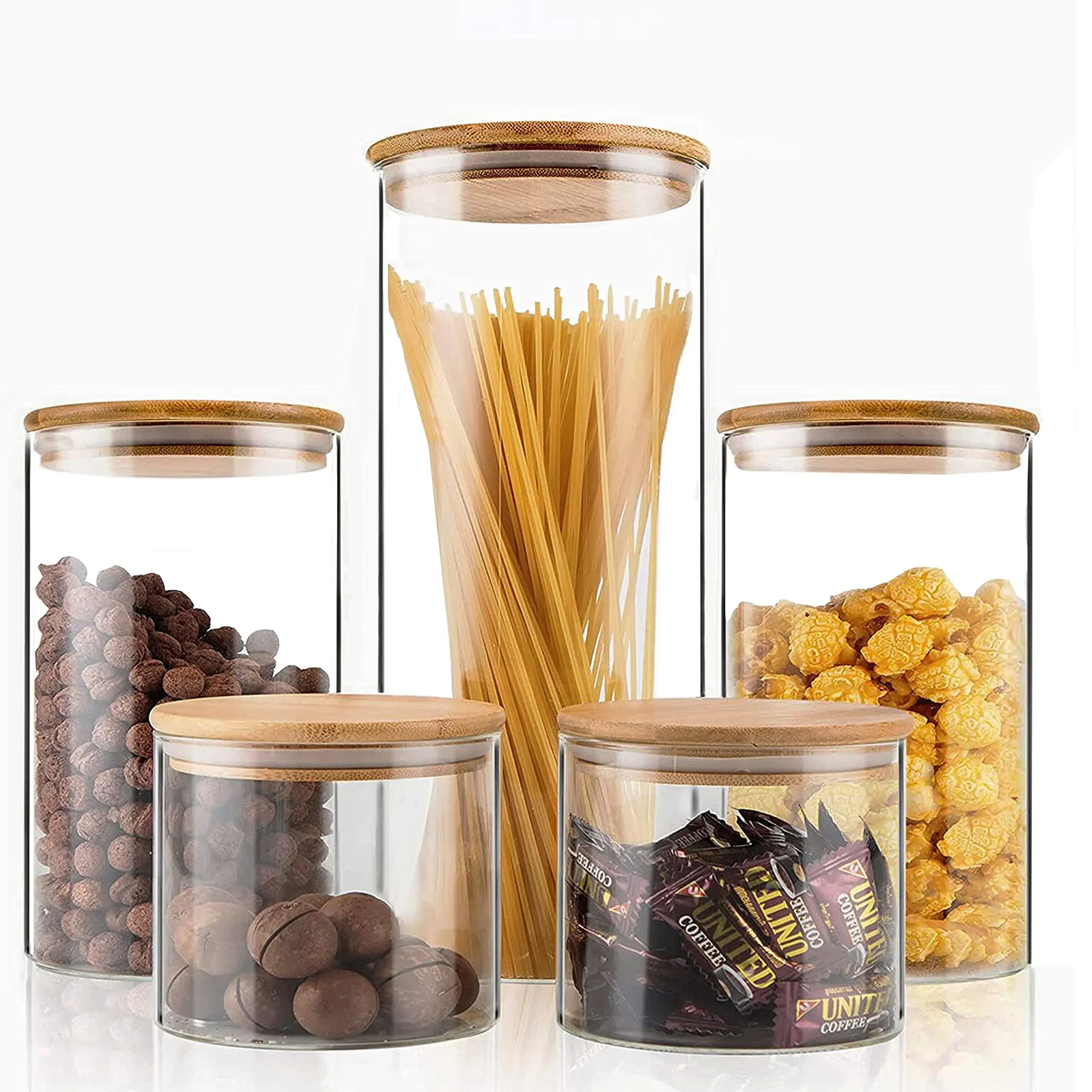 Glass Food Storage Jars Set of 5,Glass Storage Containers Clear Glass Food Canister with Bamboo Lid Airtight for Serving Tea, Coffee, Flour, Sugar, CA