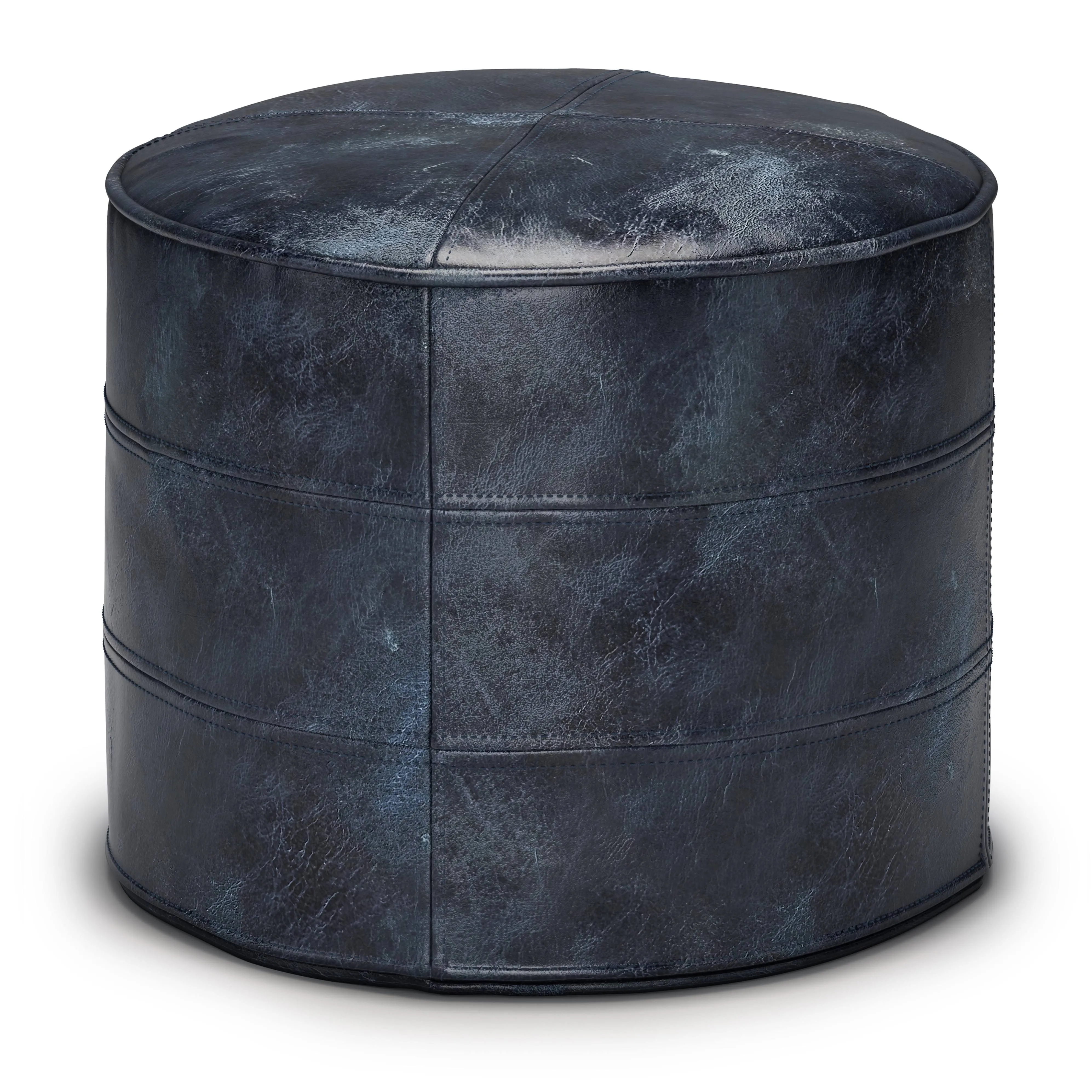 Connor Boho Round Pouf in Distressed Navy Blue Genuine Leather