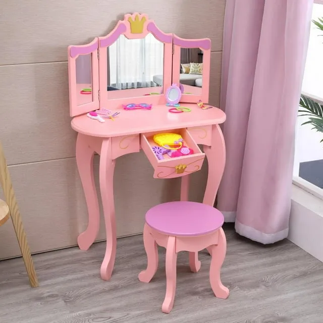 Ubesgoo Kids Wooden Vanity Table & Stool Set, Princess Makeup Dressing Table with ...