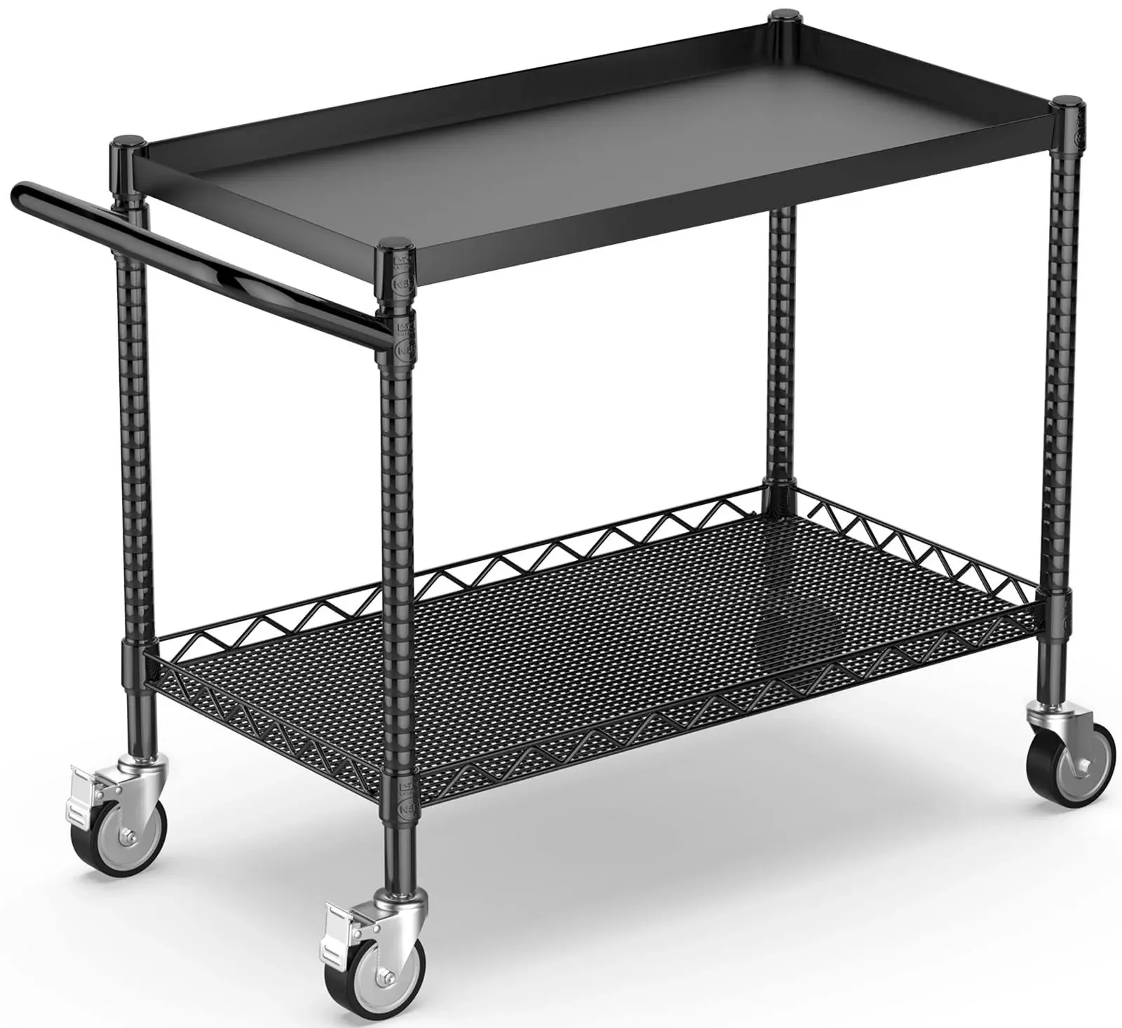 2 Tier Utility Cart with Wheels, NSF Listed 900lbs Commercial Grade Heavy Duty Rolling Utility Carts with Handle Bar - Black