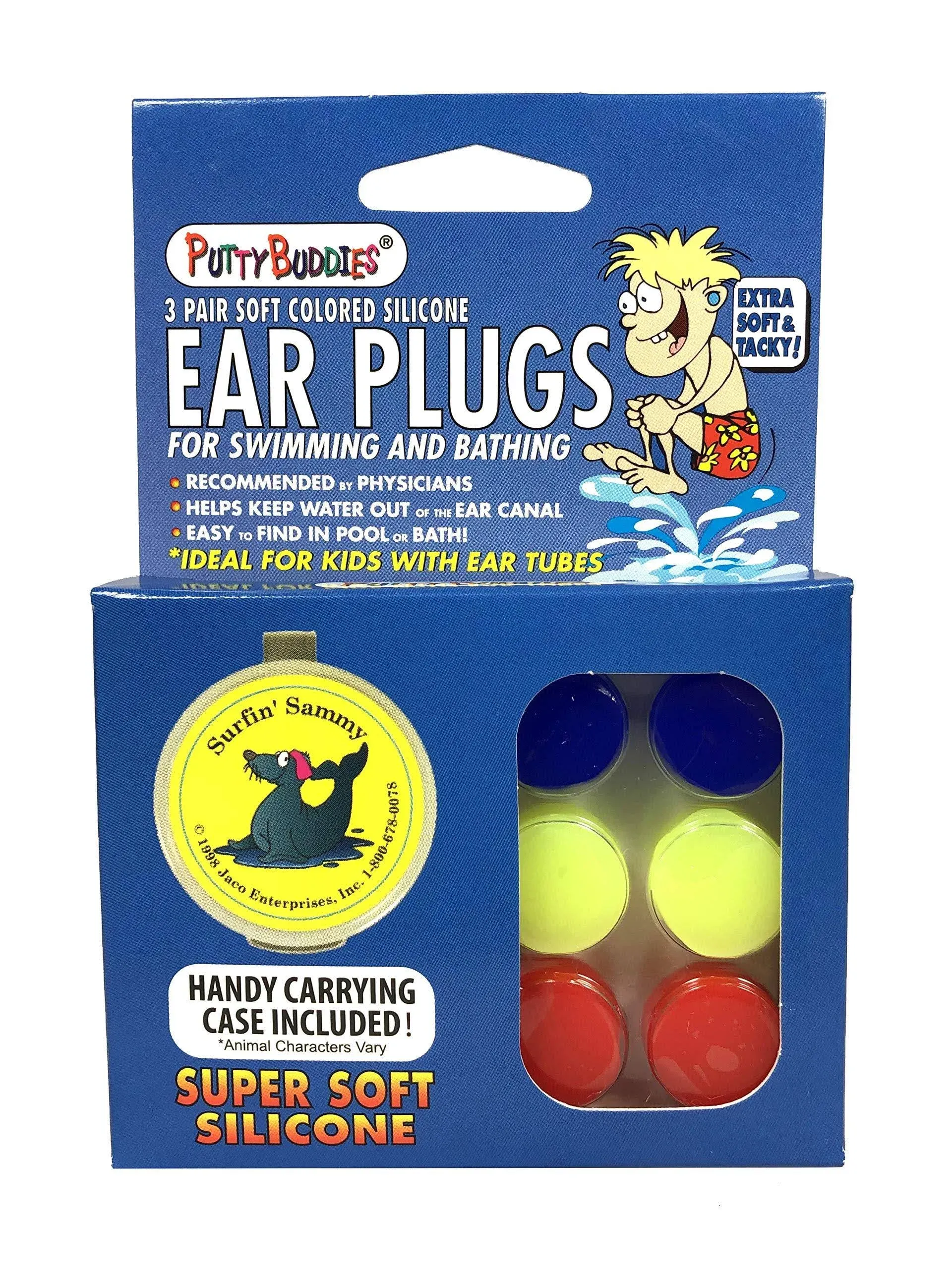 PUTTY BUDDIES Original Swimming Earplugs, 3-Pair Pack (Red/Blue/Yellow)