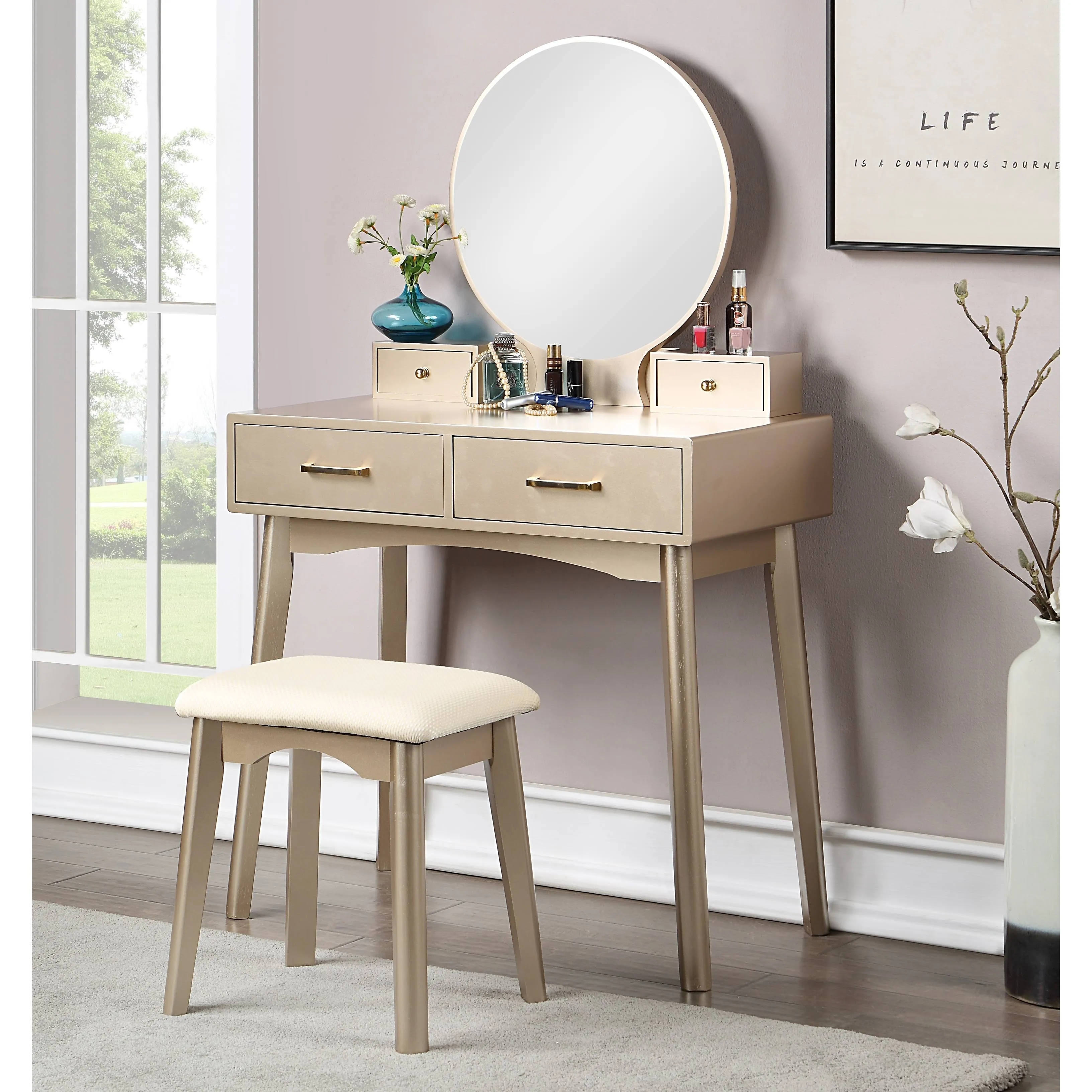 Roundhill Furniture Liannon Contemporary Wood Vanity and Stool Set - Gold