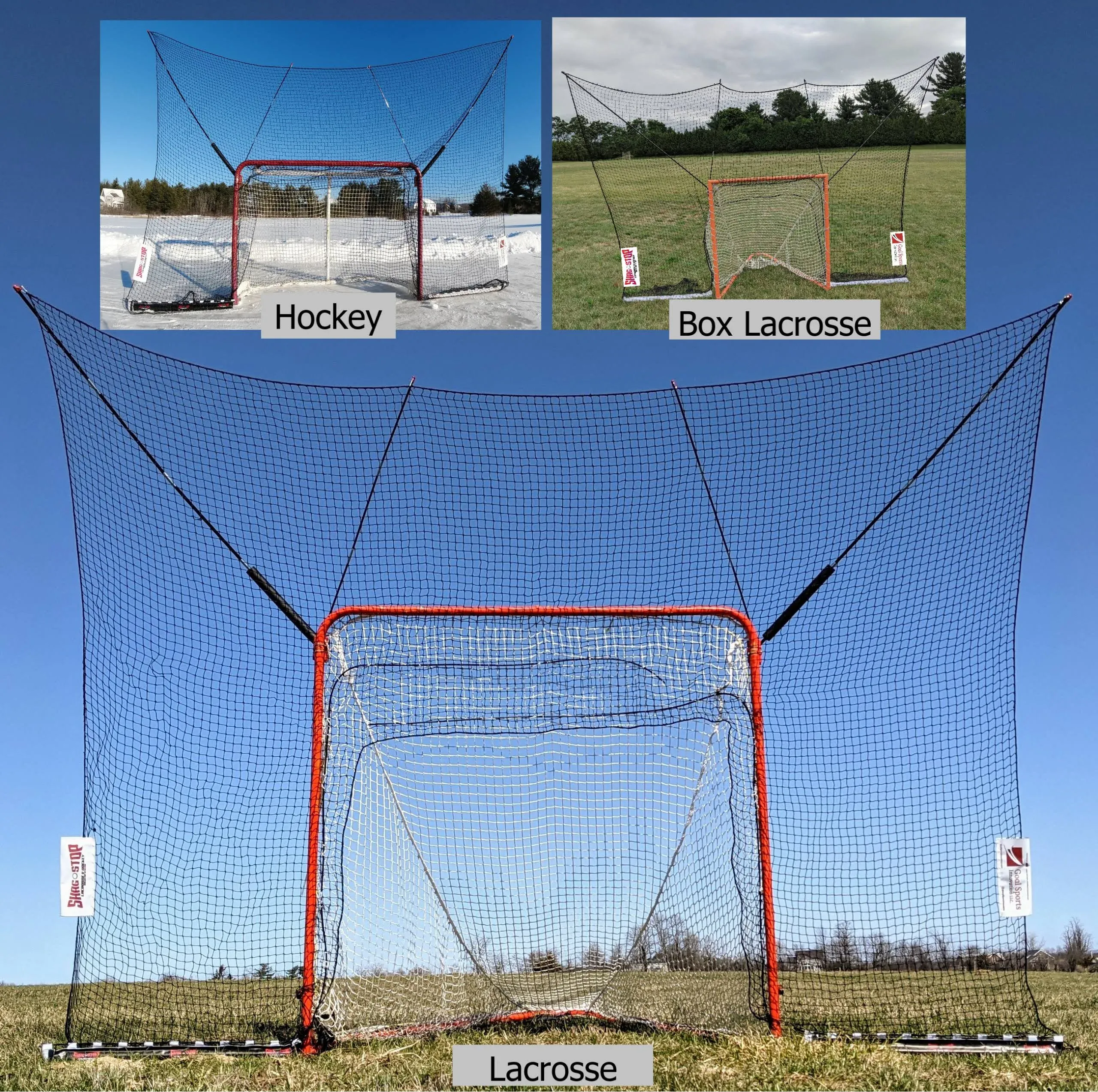 Goal Sports Innovation Shag Stop, Hockey and Lacrosse Goal Backstop, Lacrosse Net with ~3-Foot Extended Coverage, Durable Netting Lacrosse Rebounder Backstop, Includes Mounting Brackets and Equipment