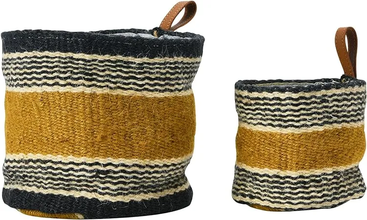 Main + Mesa Woven Jute Baskets with Liner, black/mustard, Set of 2 Sizes