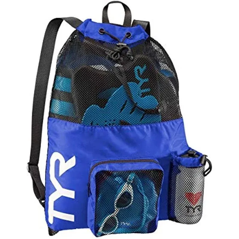 TYR Big Mesh Mummy Backpack for Swim Gym and Workout Gear Blue 40-Liter Capacity ...