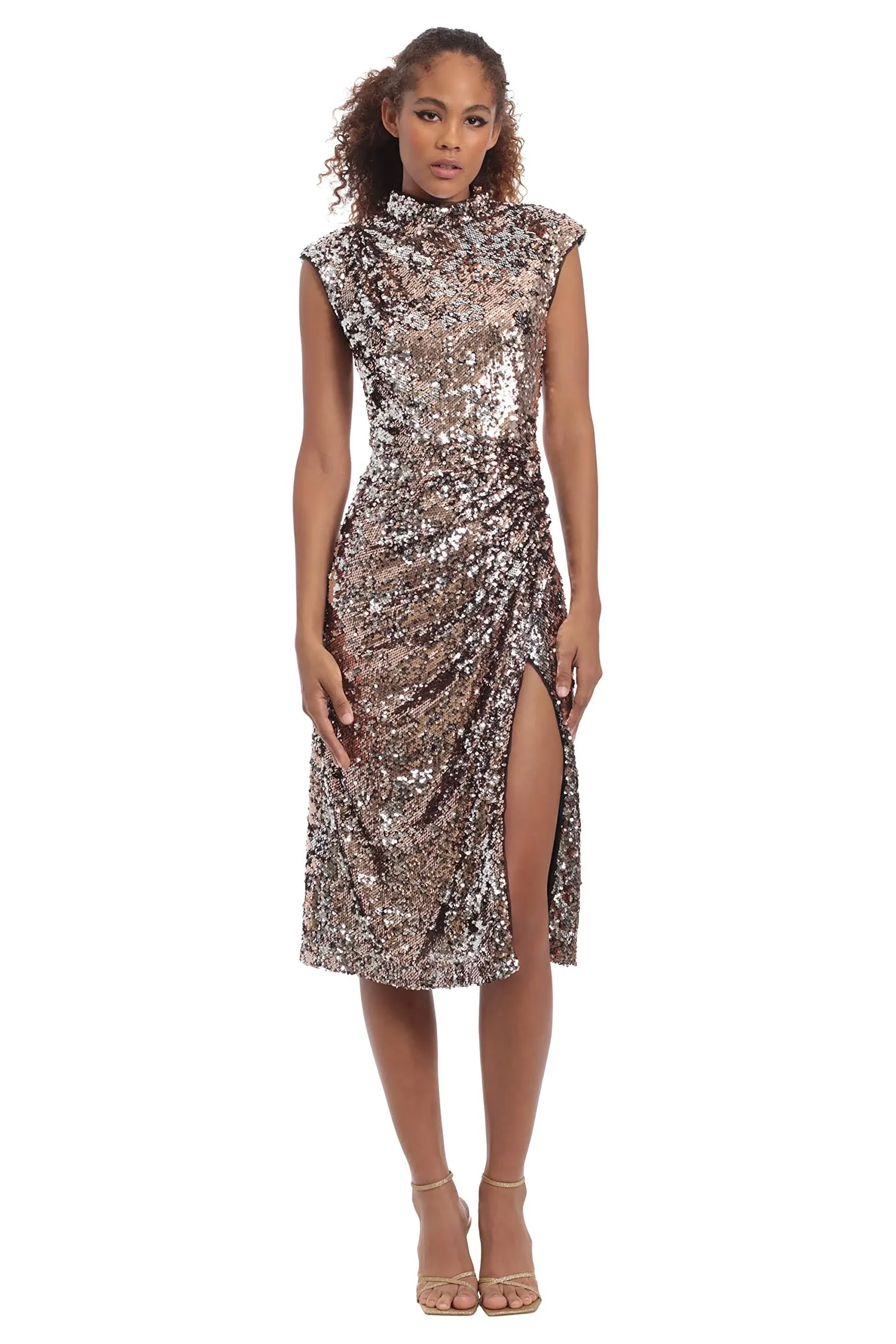 Donna Morgan Women's Sequin Mock Neck Midi Dress with Slit