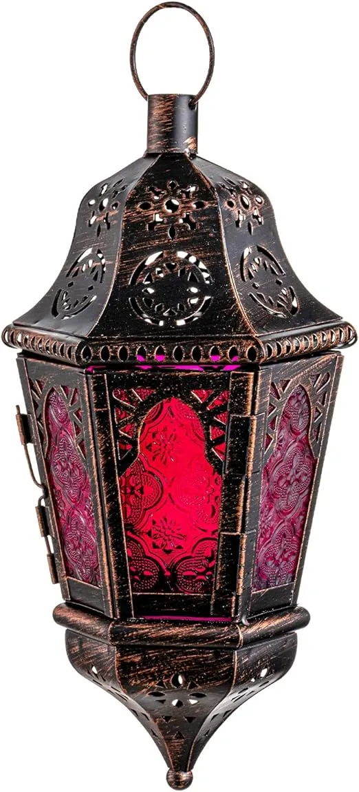 DECORKEY Ramadan Candle Lantern Decorative, Moroccan Style Vintage Decorative Hanging Lantern for Home Outdoor Patio, Metal Christmas Candle Holders (Purple)