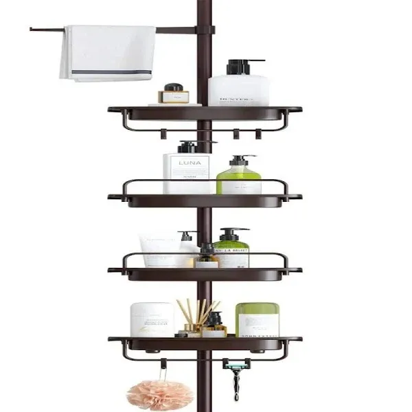 ALLZONE Rustproof Shower Caddy Corner for Bathroom, Tension Corner Shower Caddy Tension Pole, Solid Shower Organizer with 4 Adjustable Shower Shelves, Shower Rack Fit Heights 39.2 to 113 Inches,Brown