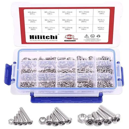 Hilitchi 460-Piece M3 M4 M5 Stainless Steel Button Head Hex Socket Cap Bolts ...