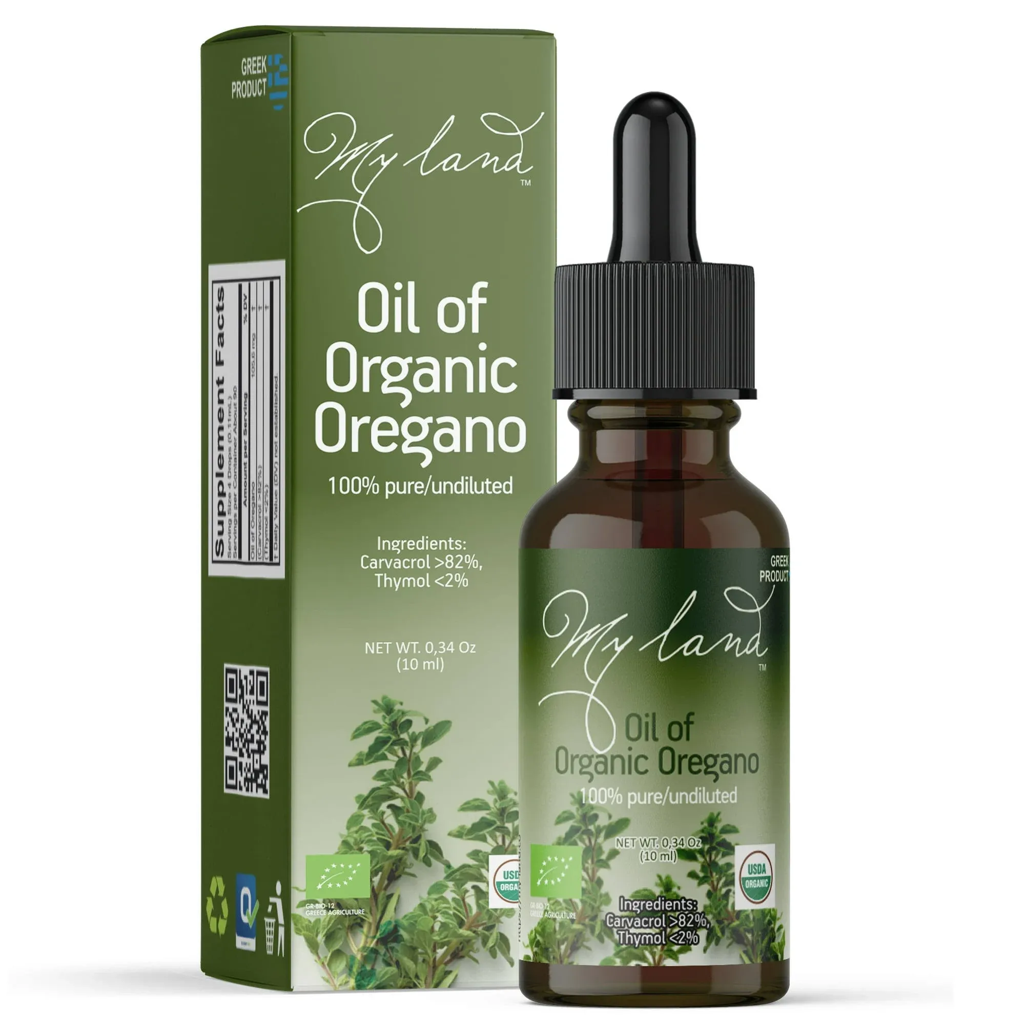 MY LAND 100% Pure Organic Oregano Oil - Undiluted, High Carvacrol (82%) Oil of Oregano from Mt Olympus - 0.34fl oz (10ml)