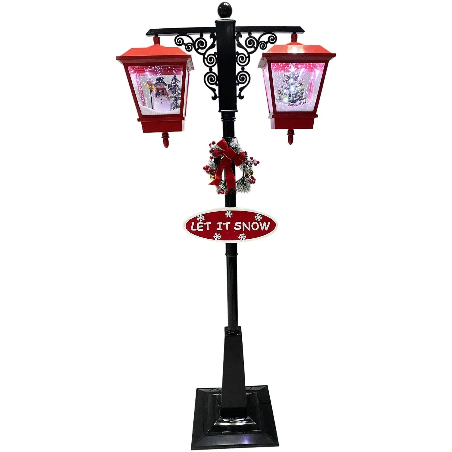 Fraser Hill Farm Let It Snow Series 74-In. Dual-Lantern Street Lamp w/ Snowman, Christmas Tree, 1 Sign, Cascading Snow, Music, Red/Black