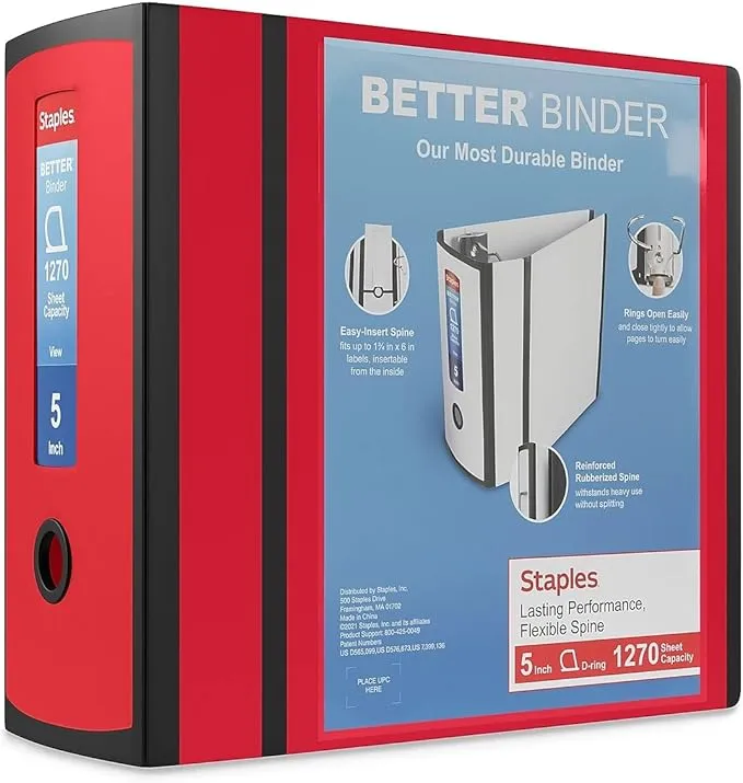 Staples Better Binder, Red, 1000-Sheet Capacity, 5" (Ring Diameter)