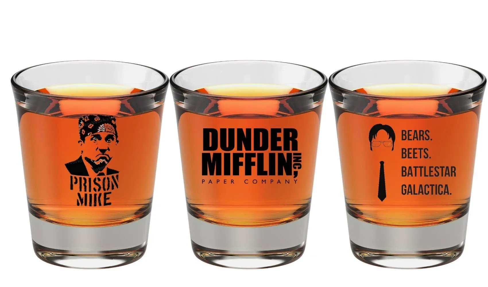 The Office Merchandise Shot Glass Gift Set - Prison Mike, Dunder Mifflin, & Bears Beets Battlestar Galactica - The Office Gifts For Men And Women