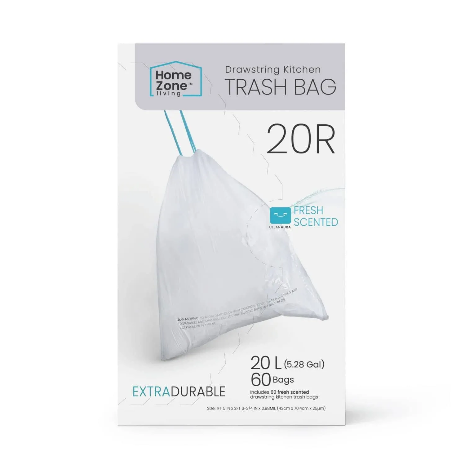 Home Zone Living 5.3 Gal. 60-Count Code 20R Kitchen Trash Bags with Drawstring Handle VA42181A