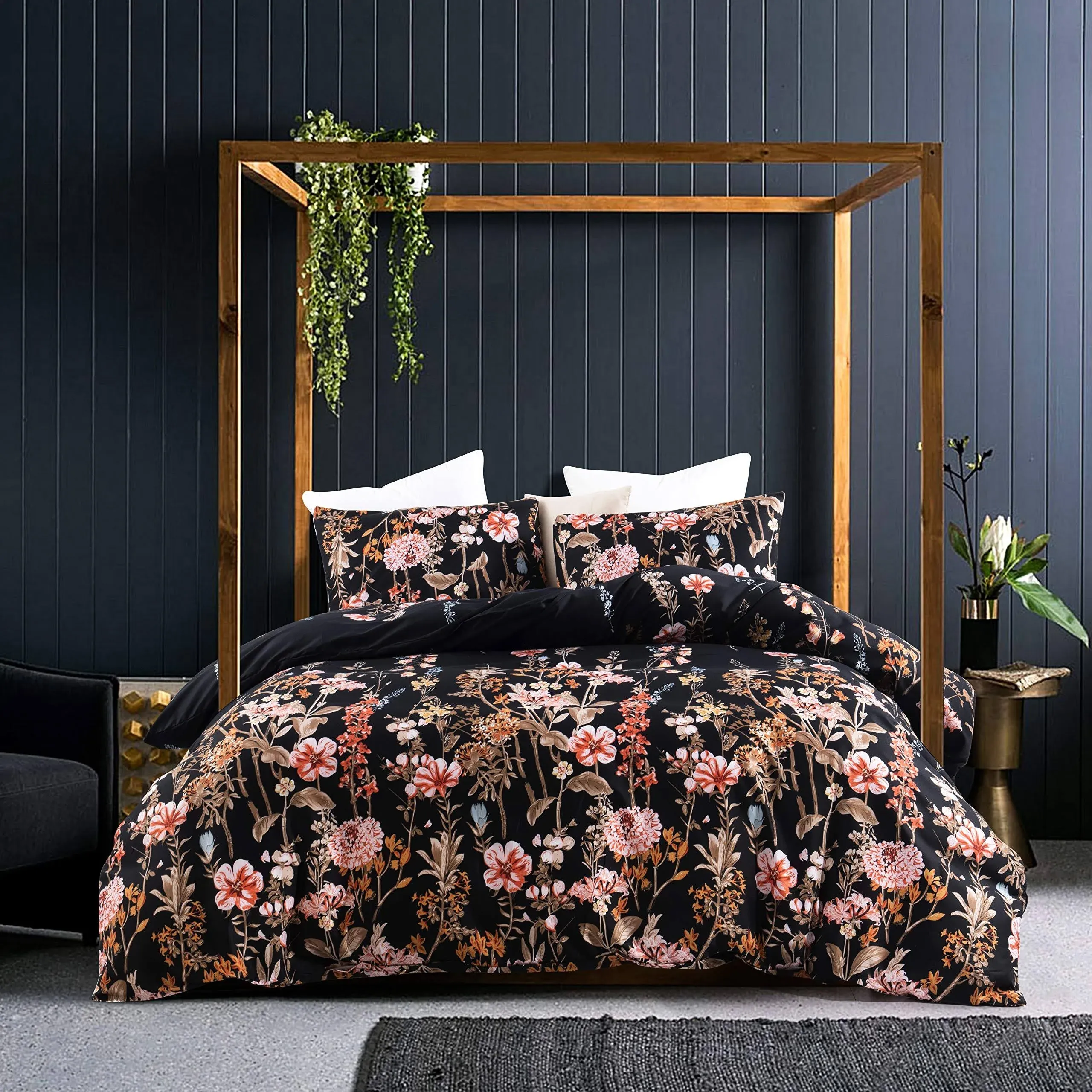 GETIANN Black Floral Duvet Cover Set King Comforter Cover Set 3 Pieces Bedding (1 Comforter Cover 90"x104" with 2 Pillow Shams) Soft Lightweight