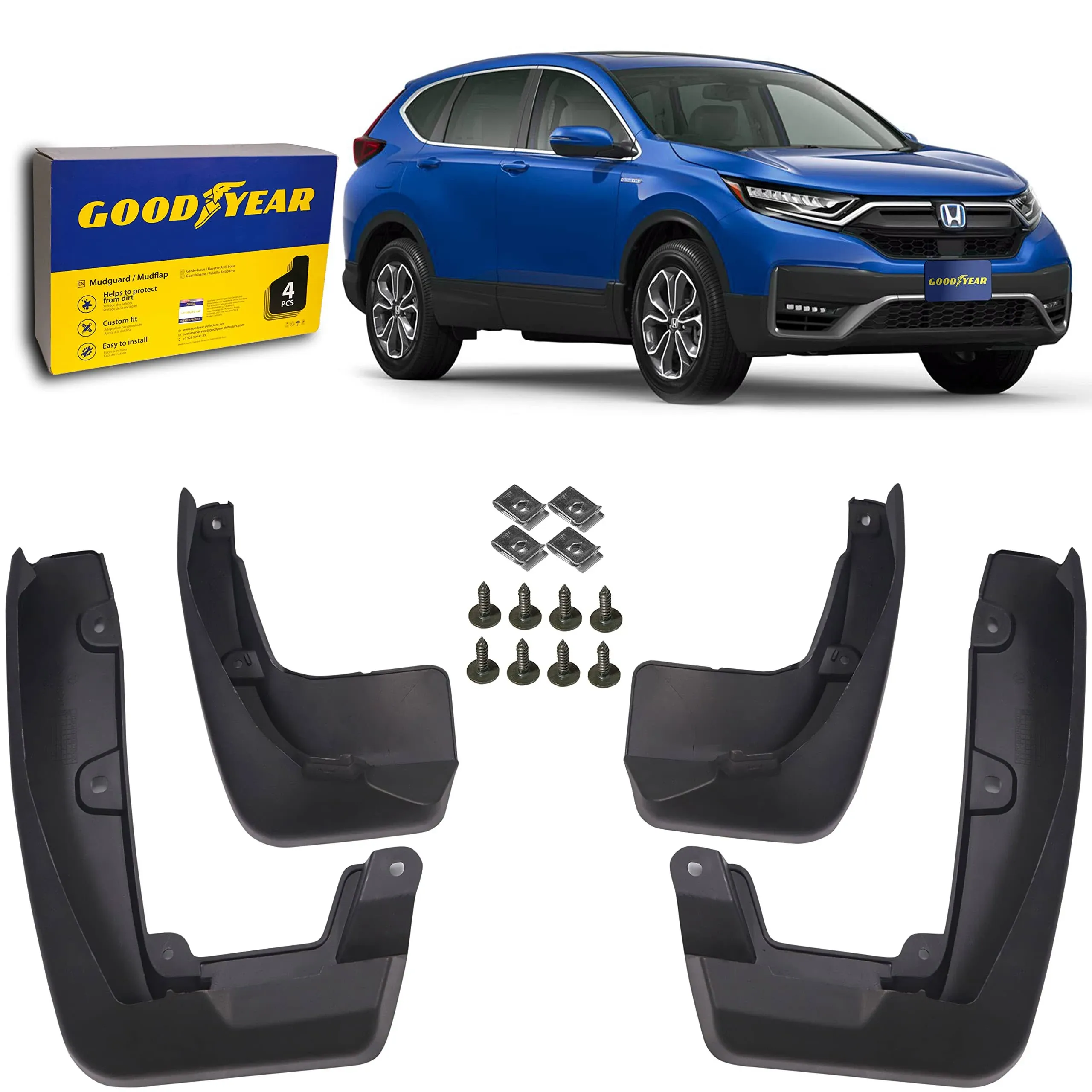 Goodyear Mud Flaps for Honda CR-V 2017-2022  Pair  Heavy-Duty Thermoplastic  Custom Fit  Easy to Install  Road/Weather Durability  Car Accessories  2 License Plate Frames - GY004721v