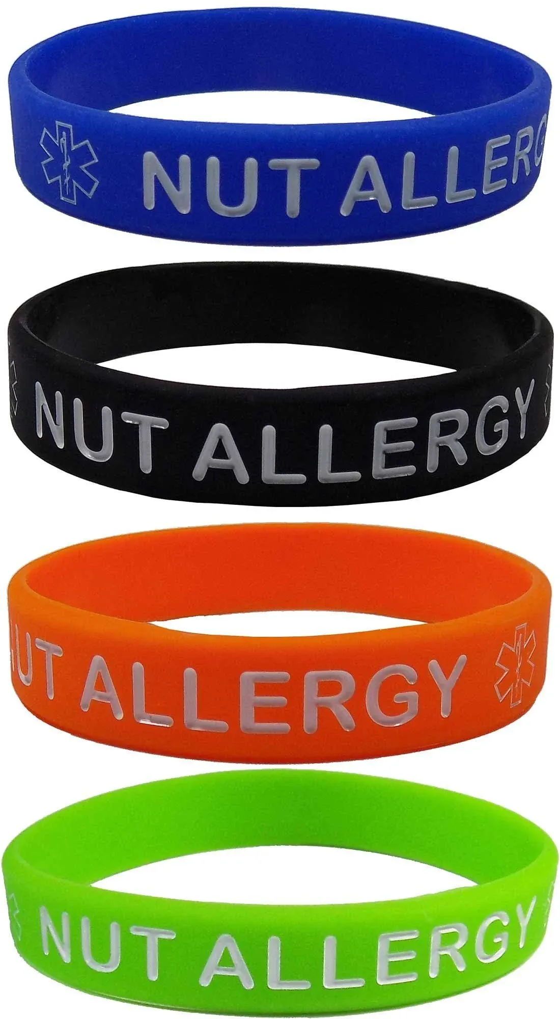 Small Child Size 5-1/2&#034; NUT ALLERGY Medical Alert ID Silicone Bracelets (4 Pack)