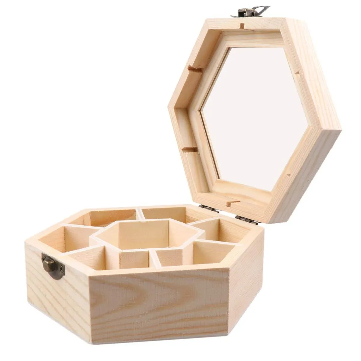 EXCEART Unfinished Wooden Jewelry Box Hexagon DIY 12.8X14.7cm, As Shown 