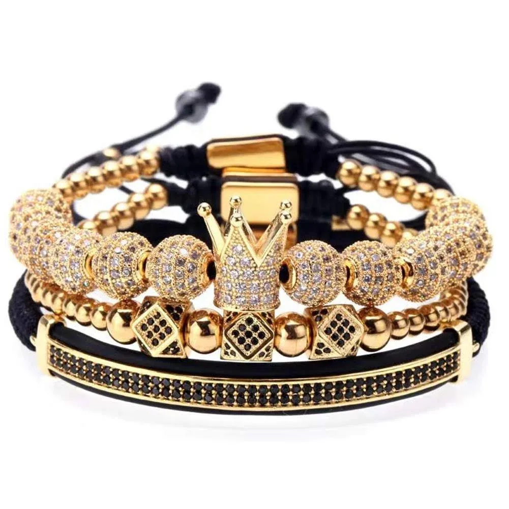 Imperial Crown King Mens Bracelet Pave CZ ，Gold Bracelets for Men Luxu