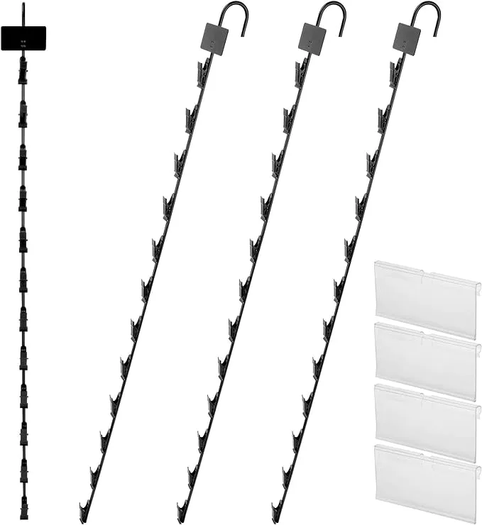 Hanging Merchandise Strips with Hooks, Pack of 4 – 31”Chip Rack with 12 Clips, Chips Holder, Hanging Display Strip for Retail Displaying (Black)