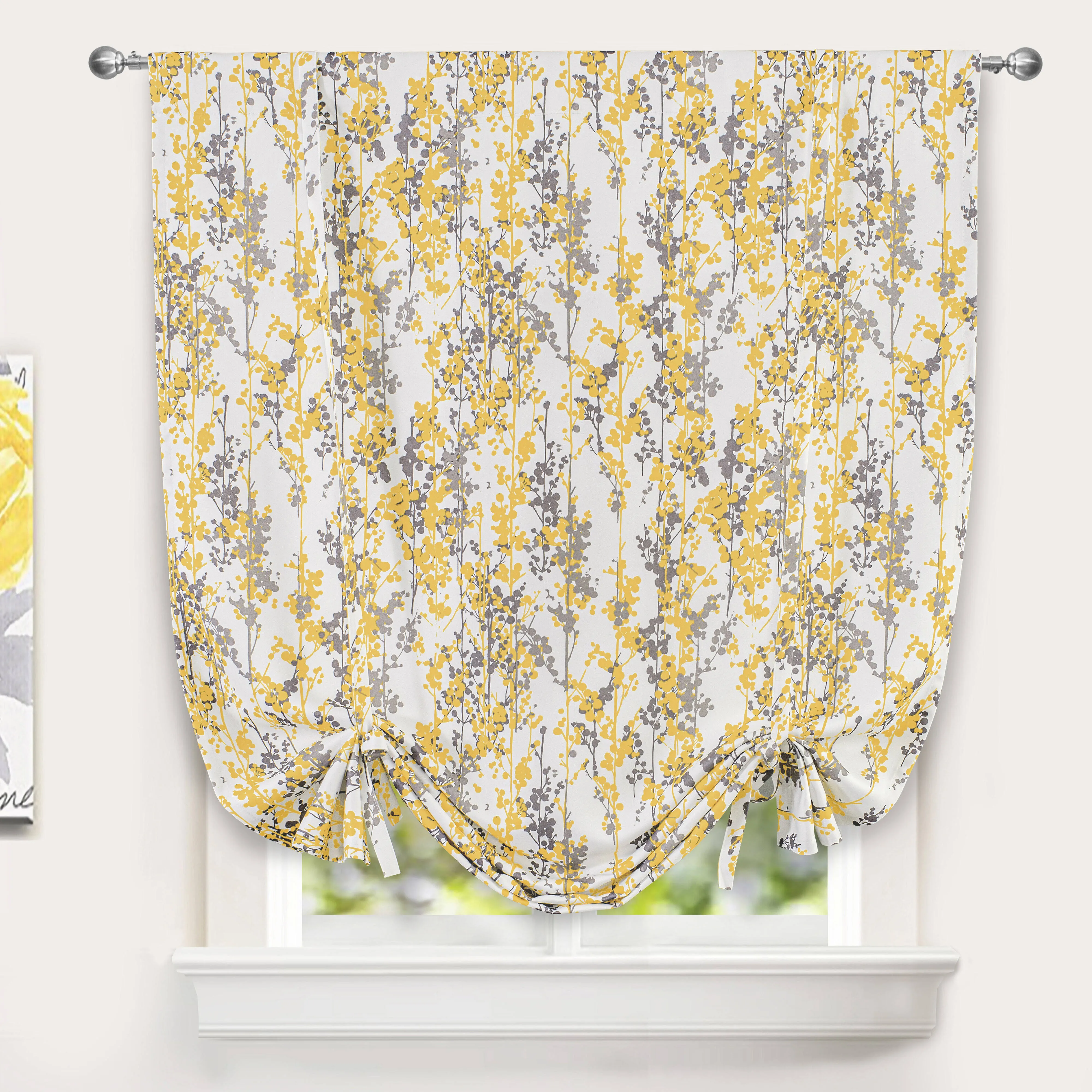 DriftAway Leah Abstract Floral Blossom Ink Painting Pattern Room Darkening Thermal Insulated Tie Up Adjustable Balloon Rod Pocket Curtain for Small Window 45 Inch by 63 Inch Golden Yellow Silver Gray