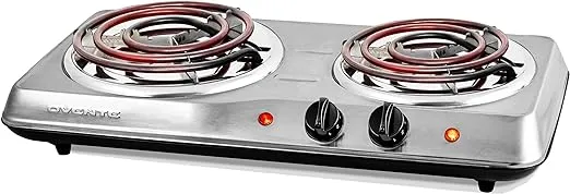 OVENTE Electric Countertop Double Burner, 1700W Cooktop with 6" and 5.75" Stainless Steel Coil Hot Plates, 5 Level Temperature Control, Indicator Lights and Easy to Clean Cooking Stove, Black BGC102B