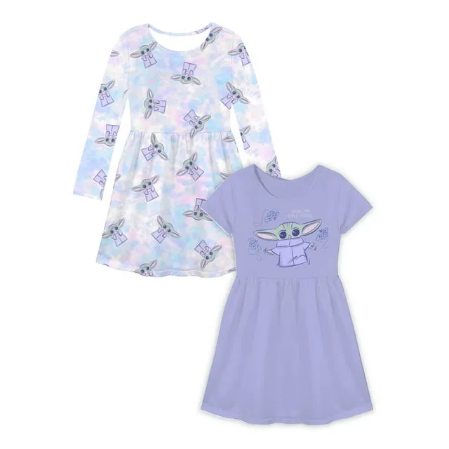 Baby Yoda Girls Long Sleeve and Short Sleeve 2-Pack Dresses, Sizes 4-16