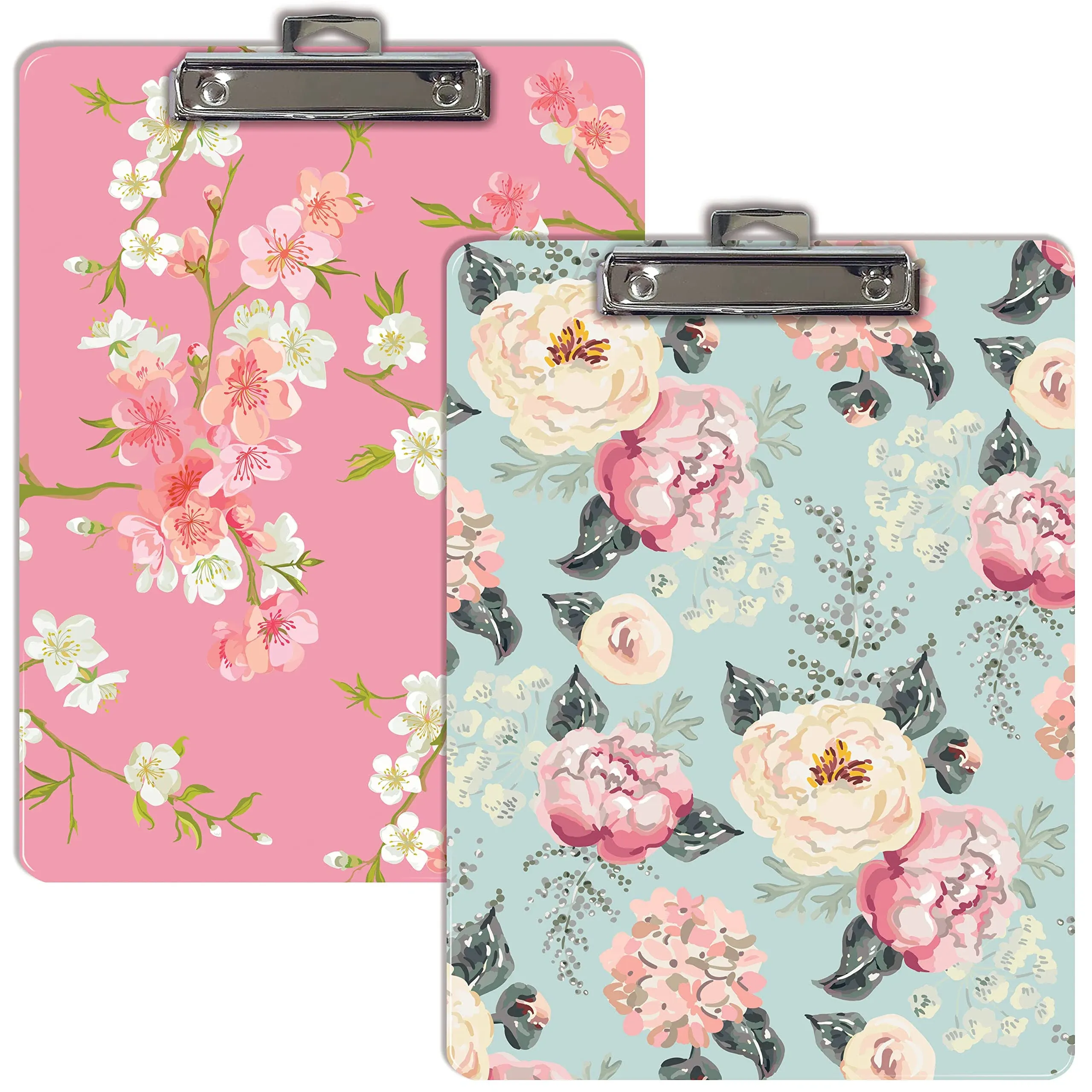 Fashion Clipboard (2 Pack), Standard A4 Letter Size, 12.5" x 9", Wooden Clipboard, Low Profile Clip with Retractable Hanging Tab, Decorative Clipboard, by Better Office Products (Floral Designs)