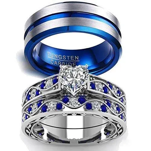 LOVERSRING Couple Ring Bridal Sets His Hers Women 10K White Gold Filled Men ...